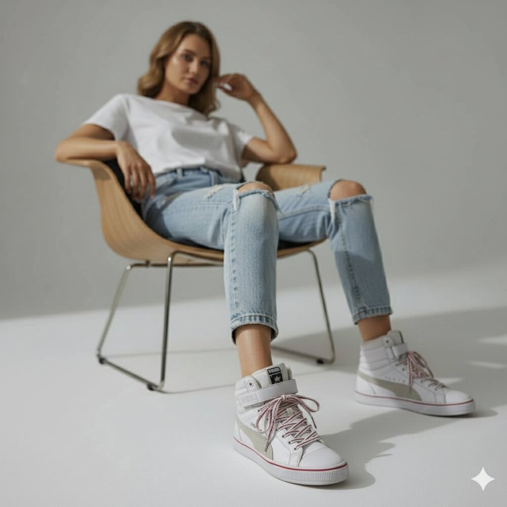 UNISEX Puma High-Top Sneakers – White Leather w/ Red Details (Men’s 7.5/EUR 40)